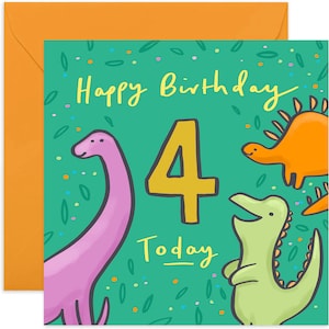 4th Birthday Dinosaur Party Card - Fun 4th Birthday Card  - Dinosaurs 4th Birthday Card - 4th Birthday Card - Kids Birthday Card - Dinosaurs
