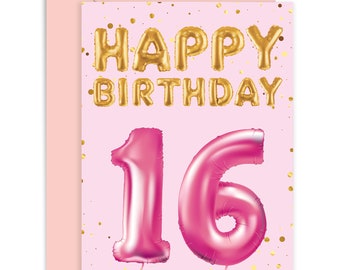 Happy Birthday 16th Balloon Card - Birthday Card for Her - Happy Birthday Card  - Cute Birthday Card - Family Card - 16th Birthday Card