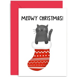Merry Christmas Grey Cat Stocking Card - Christmas Card - Merry Christmas Card - Cute Christmas Card - Funny Cat Christmas Card - Xmas Card