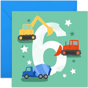 6th Birthday Truck Card - Fun 6th Birthday Card  - 6th Birthday Card - 6th Birthday - Kids Birthday Card - Digger Card