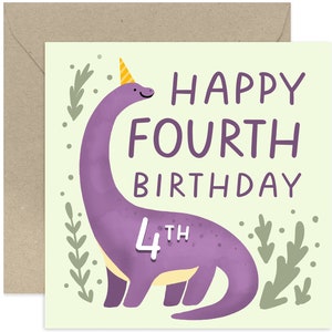 4th Purple Birthday Dinosaur Card - 4th Birthday Card  - Dinosaur 4th Birthday Card - 4th Birthday Card - Kids Birthday Card - Dinosaur Card