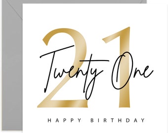 Carte de 21e anniversaire - Carte de joyeux anniversaire - Carte de 21e anniversaire - Carte pour amis et famille - Carte or et noir - Carte or - Vingt et un