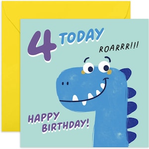 4 Today Blue Dinosaur Card - Fun 4th Birthday Card  - Dinosaurs 4th Birthday Card - 4th Birthday Card - Kids Birthday Card - Dinosaurs