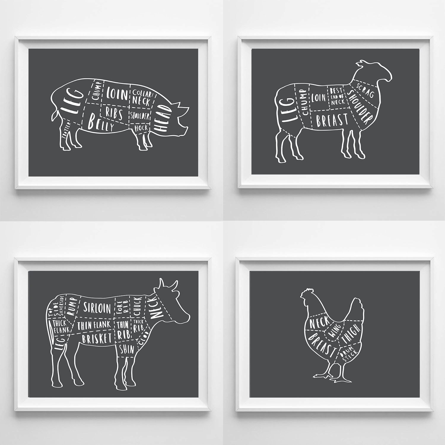 A3 Set of 4 Butcher Prints - butcher chart - butcher diagram - meat cuts print - butcher poster - butcher wall art