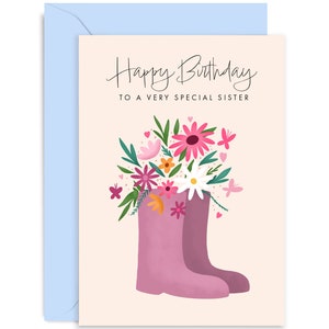 Special Sister Flower Wellies Birthday Card - Special Sister Card - Birthday Card - Sister Birthday - Card For Her - Gardening