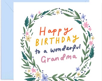 Happy Birthday Wonderful Grandma Floral Card - Floral Card for Her - Floral Happy Birthday Card For Grandma - Grandma Birthday Card