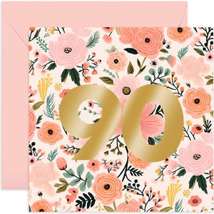 90th Pink Floral Birthday Card - Birthday Card - 90th Birthday Card  - 90th Birthday - Floral Card - Pink 90th Birthday Card