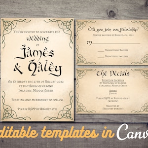 EDITABLE TEMPLATE Elven, Tolkien inspired wedding invitation collection