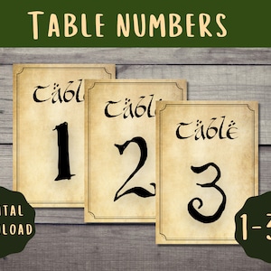 May include: Three printable table number cards with a vintage parchment background and black script font. The cards are numbered 1, 2, and 3. The text on the cards reads "Table". The image includes the text "1-30" in the bottom right corner.