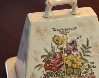 Ironstone Cheese Keeper Butter Dome Cloche Basket of Flowers Gold