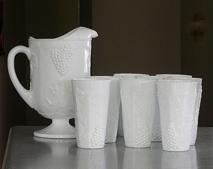 Milk Glass Lemonade Set Pitcher 8 Tumblers Beverage Set Etsy