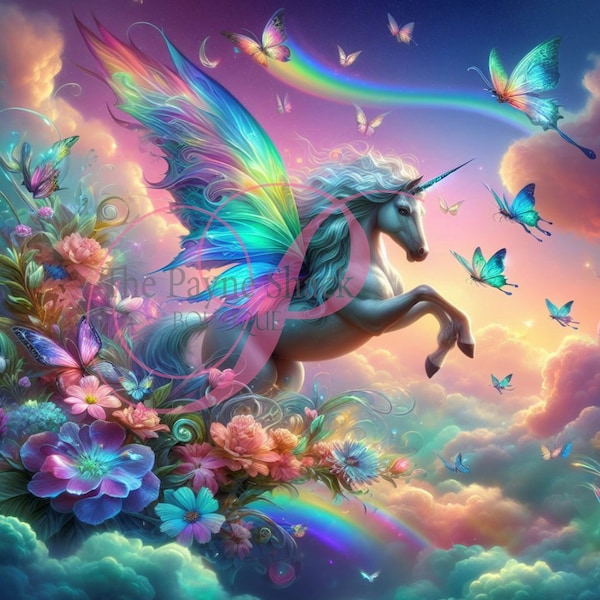 Unicorn Horse in Magical Scene in the Clouds with Butterflies PNG, JPG, 20oz Skinny Sublimation Tumbler Download