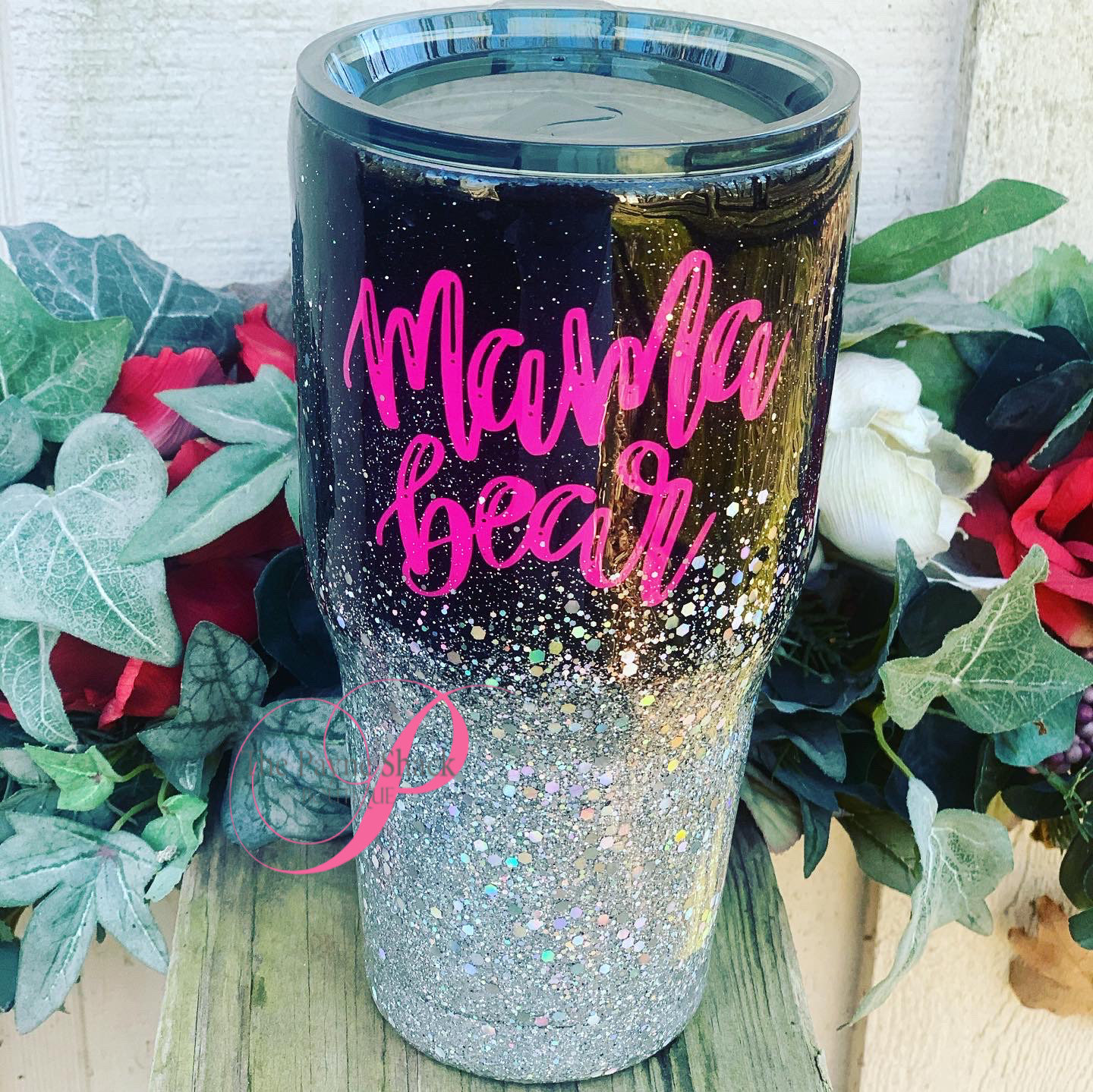 Mama Bear Glitter Tumbler, Personalized Glitter Tumbler, Black and Silver  Glitter Tumbler