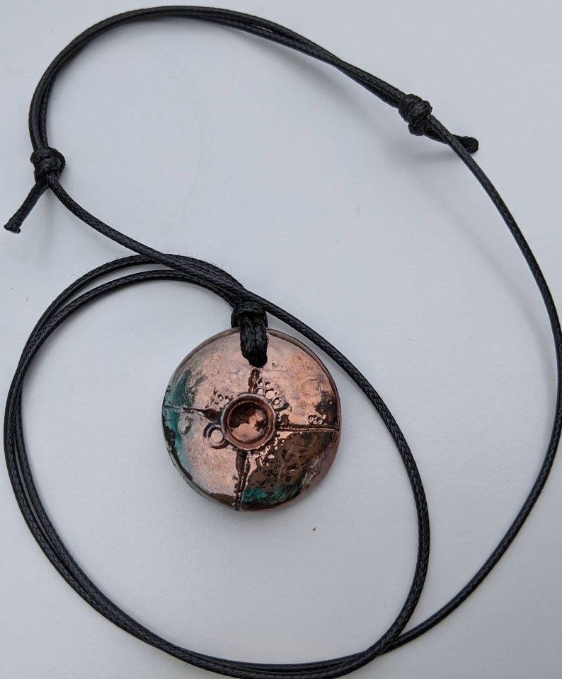 Hand Made in Oregon Sun Moon Earth Copper Ceramic Raku Pendant Necklace with 1.,5mm waxed cord adjustable length up to 15 inches