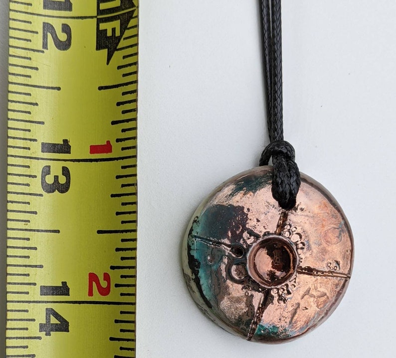 Hand Made in Oregon Sun Moon Earth Copper Ceramic Raku Pendant Necklace with 1.,5mm waxed cord adjustable length up to 15 inches
