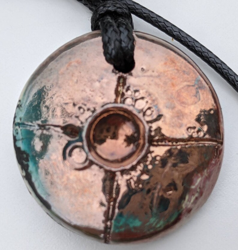 Hand Made in Oregon Sun Moon Earth Copper Ceramic Raku Pendant Necklace with 1.,5mm waxed cord adjustable length up to 15 inches