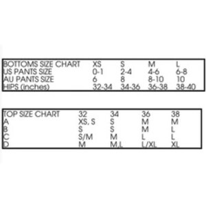 May include: Size chart for bottoms and tops. Bottoms size chart shows US pants size, AU pants size, and hip measurements in inches. Top size chart shows sizes for different bust measurements in inches.