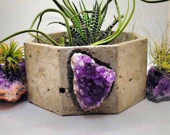 Large Concrete And Amethyst Geode Succulent Planter, Dark Purple Amethyst Geode From Uruguay, Gift For Every Occasion And Holiday, Eclectic