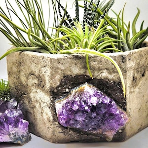 May include: A concrete planter with a geometric shape features a large amethyst crystal embedded in the side. The planter is filled with green air plants.