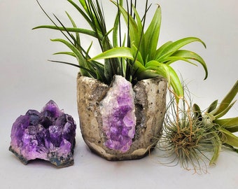 Concrete And Amethyst Crystal Planter, Medium Amethyst Geode Cluster Succulent Planter, Wedding Birthday And Bridesmaid Gifts, Home Decor