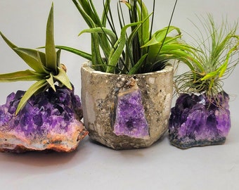 Concrete And Amethyst Crystal Planter, Medium Amethyst Geode Cluster Succulent Planter, Wedding Birthday And Bridesmaid Gifts, Home Decor