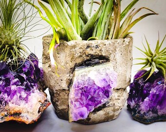 Amethyst Crystal Geode Planter, Medium Concrete and Amethyst Succulent Planter, Dark Purple, Wedding Birthday and Bridesmaid Gifts, Boho