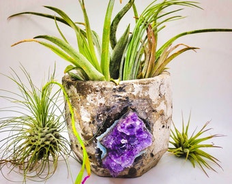 Amethyst Crystal Geode Planter, Medium Concrete and Amethyst Succulent Planter, Dark Purple, Wedding Birthday and Bridesmaid Gifts, Boho