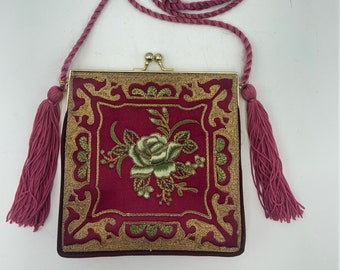 vintage embroidered silk evening bag purse fuchsia tassels braided strap Hong Kong
