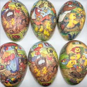 Vintage German Litho Paper Mache Easter Egg Candy Container 6 Tops Only Decor Craft Project Anthropomorphic Illustrations