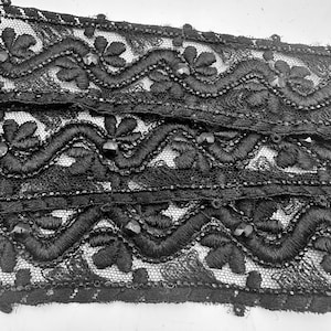 Vintage Embroidered Beaded Black Tulle Ribbon Trim Net Lace 1.75&quot; Wide 4+ Yds