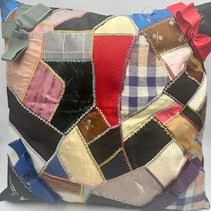 Antique Victorian Crazy Quilt Throw Pillow Patchwork Bows 1895 Signed 17x17