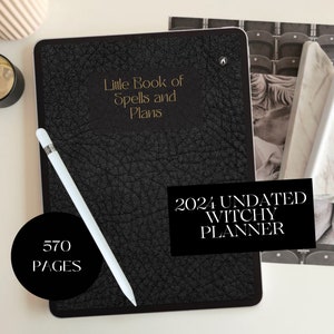 May include: Black leather-bound planner with gold lettering that reads "Little Book of Spells and Plans". The planner is labeled "2024 Undated Witchy Planner" and has a black circle with white text that reads "570 Pages".