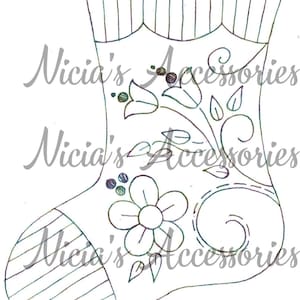 May include: A black and white line drawing of a Christmas stocking with a floral design. The stocking has a striped cuff and a pointed toe.