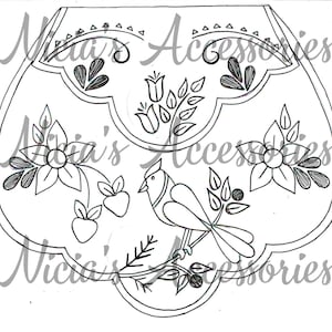 Puede incluir: Dibujo en blanco y negro de un pájaro, flores y bayas. El pájaro está posado en una rama con bayas y hojas. Las flores son estilizadas y tienen cinco pétalos. El dibujo es de estilo arte popular.