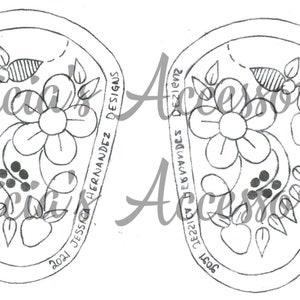 May include: A black and white line drawing of two floral designs. Each design features a flower with five petals, leaves, and berries. The text "2021 JESSICA HERNANDEZ DESIGNS" is written vertically on the right side of the left design. The text "2021 JESSICA HERNANDEZ DESIGNS" is written vertically on the right side of the right design.