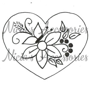 May include: A black and white line drawing of a heart with a stylized flower and leaves inside. The flower has six petals and a circle in the center. The leaves are simple and rounded.