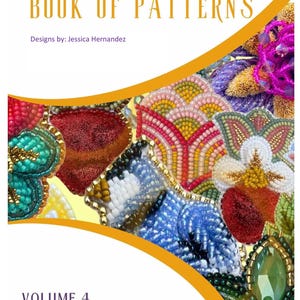 Puede incluir: Una portada de libro con el título "Nicia's Accessories Book of Patterns" y el texto "Designs by: Jessica Hernandez" y "Volume 4 January 2025". La portada presenta un diseño colorido de flores de cuentas y otros patrones.