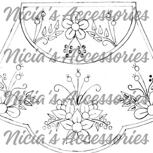 May include: A black and white line drawing of a pouch with floral embroidery. The pouch has a curved top and a pointed bottom. The embroidery features flowers, leaves, and berries.