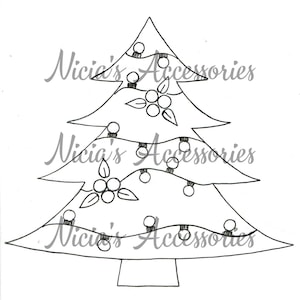 May include: A black and white line drawing of a Christmas tree with ornaments and lights. The tree has a simple, stylized design and is decorated with a string of lights and ornaments. The text "Nici's Accessories" appears three times on the image.