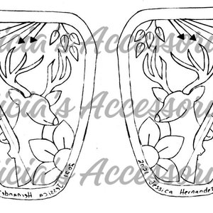 May include: A black and white line drawing of a deer with antlers, a gun, and a flower. The drawing is in a oval shape with the text "2021 Jessica Hernandez Designs" at the bottom.