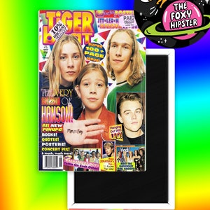 May include: A magazine cover featuring a photo of the band Hanson. The cover is titled "Tiger Beat" and features the text "The Very Best of Hanson!" with a photo of the band members. The magazine cover also includes a photo of Leonardo DiCaprio and the text "Hanging Out With Leo!"