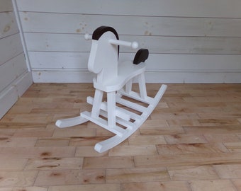 Child's Solid Wood Rocking Horse- Heirloom White with Brown Mane and Tail