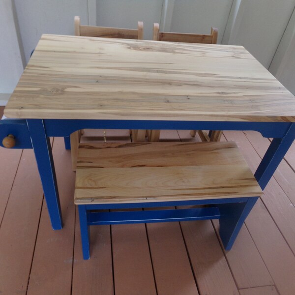 Kids Farmhouse Activity Table , Chairs, and Bench Set - Royal Blue and Ambrosia Maple- Distressed