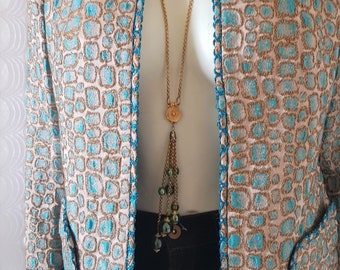 Chaqueta de seda con estampado jacquard metalizado, estilo europeo elegante y femenino de los años 60, talla S-M