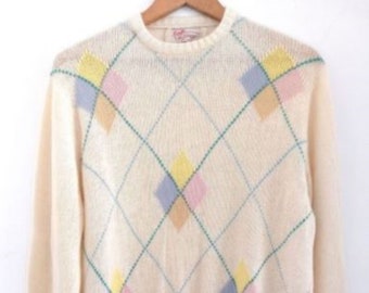 Suéter vintage escocés de cachemira con estampado de rombos y intarsia a mano en colores pastel (talla L-XL)