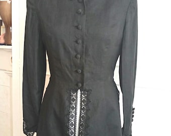 1980s VALENTINO Boutique Victorian Gothic-Style Linen Button-Down Frock  Topper Jacket 34" Bust