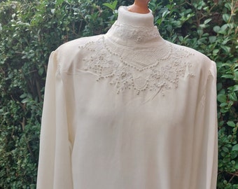 80s Ivory Silk Hand Embroidered  Button Back Blouse - Chest 36"