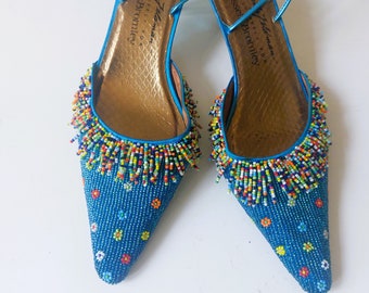 90s |Boho  Colourful Beaded Slingback Wrap Tie Mid-Heel Court   Beverly Feldman - US8