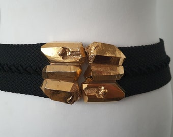 Vintage gold metallic and red stretch belt with geometric clasp