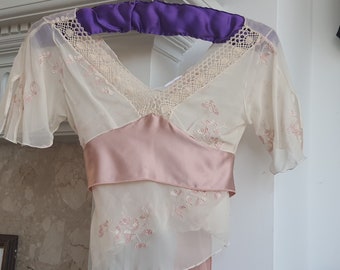 1930s inspired  Georgette Silk  Floral Embroidery  Crop Tie Back Top -  XS